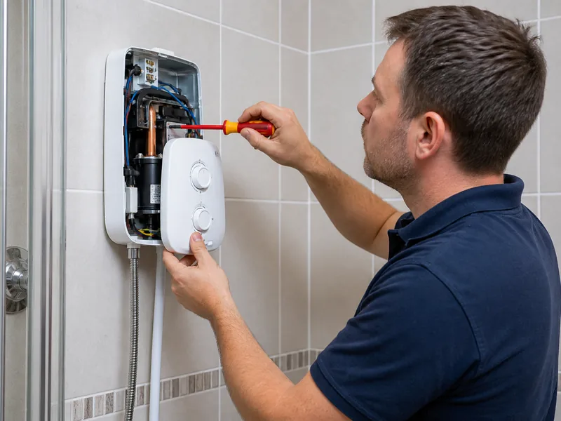 Electric shower repair on a tiled bathroom wall in Dubai